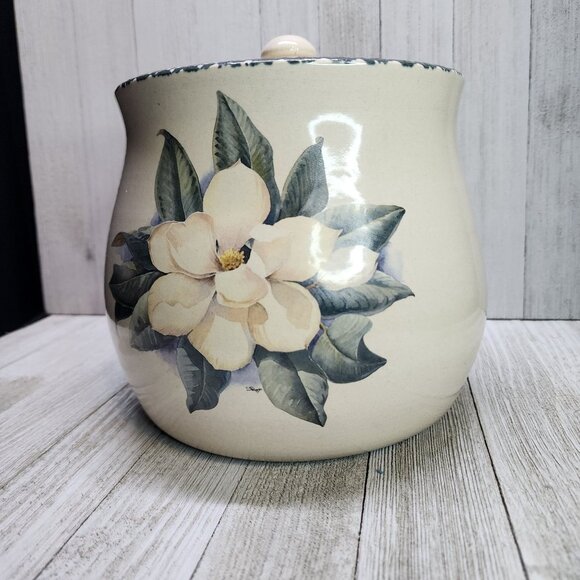 Vtg Casey Pottery Marshall Texas Stoneware Cookie Jar Lid Magnolia Flower 1998 - Picture 2 of 10
